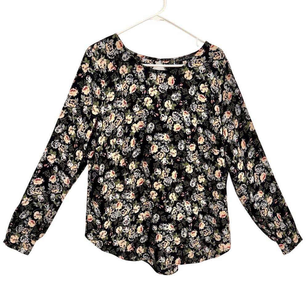 Rose & Olive Black Floral Long Sleeve Keyhole Blouse size XL dark academia